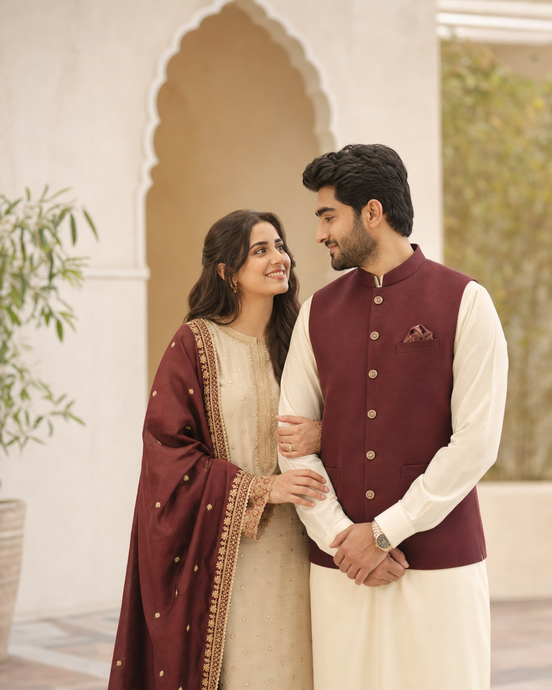 A Pakistani couple in an elegant courtyard